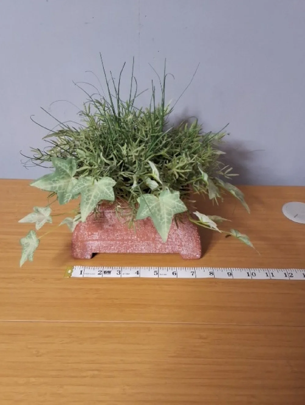 Pink Textured Planter with Lifelike Green Faux Ivy and Grass